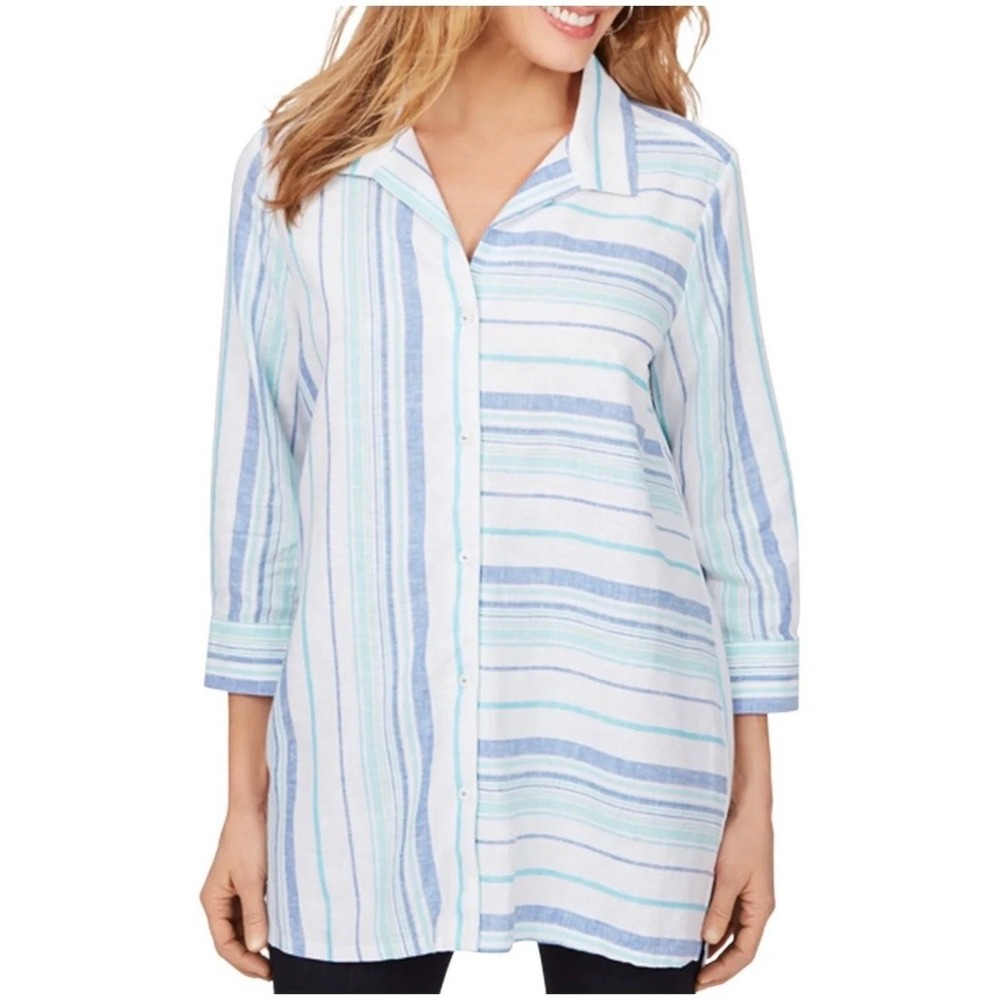 Foxcroft Women's Blue Striped Linen Blend Button Down Tunic Shirt Size 14